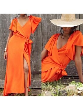 l*space Bright Orange Wrap Maxi Dress with Flutter Sleeves